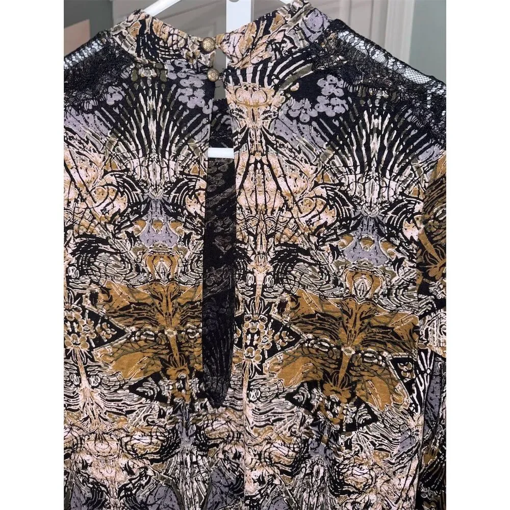 Free People Women's XS Tulip‎ Drape Nouveau Blouse Top Boho Coal Combo Lace